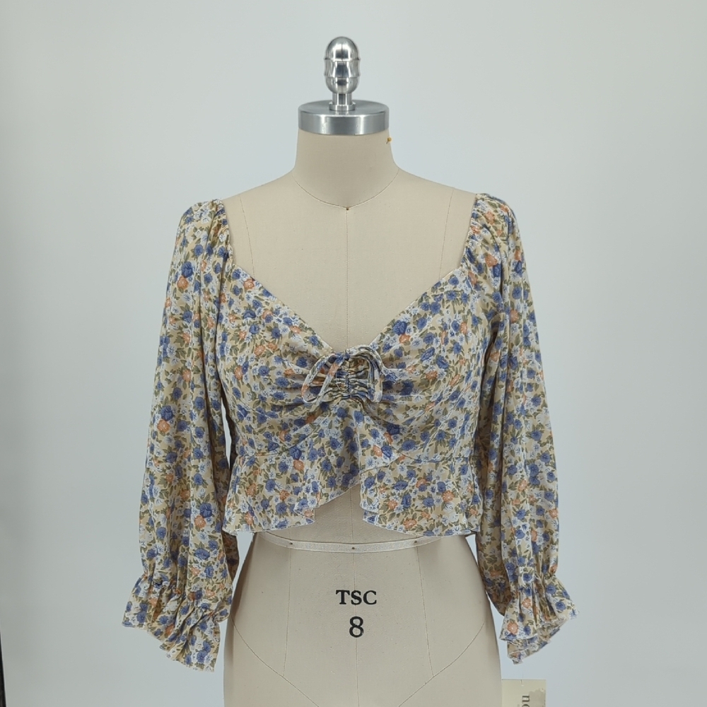 19945 Okboth Floral Ruffle Cropped Top Blue Yellow size M/L bohemian cottagecore